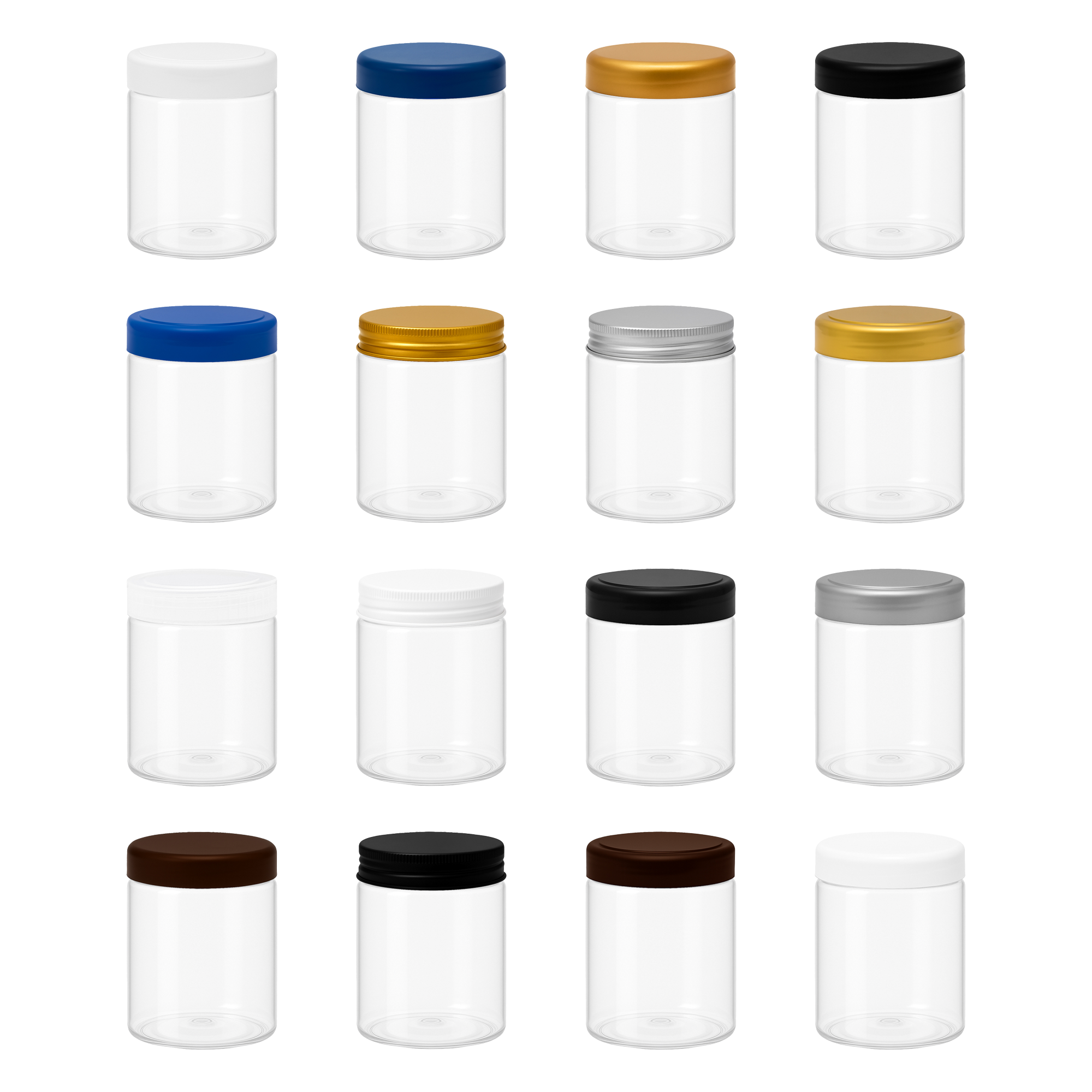 6 قطع برطمان بلاستيك لون ابيض شفاف مقاس 300 ملى - قطر 7 سنتي غطاء الوان مختلفة