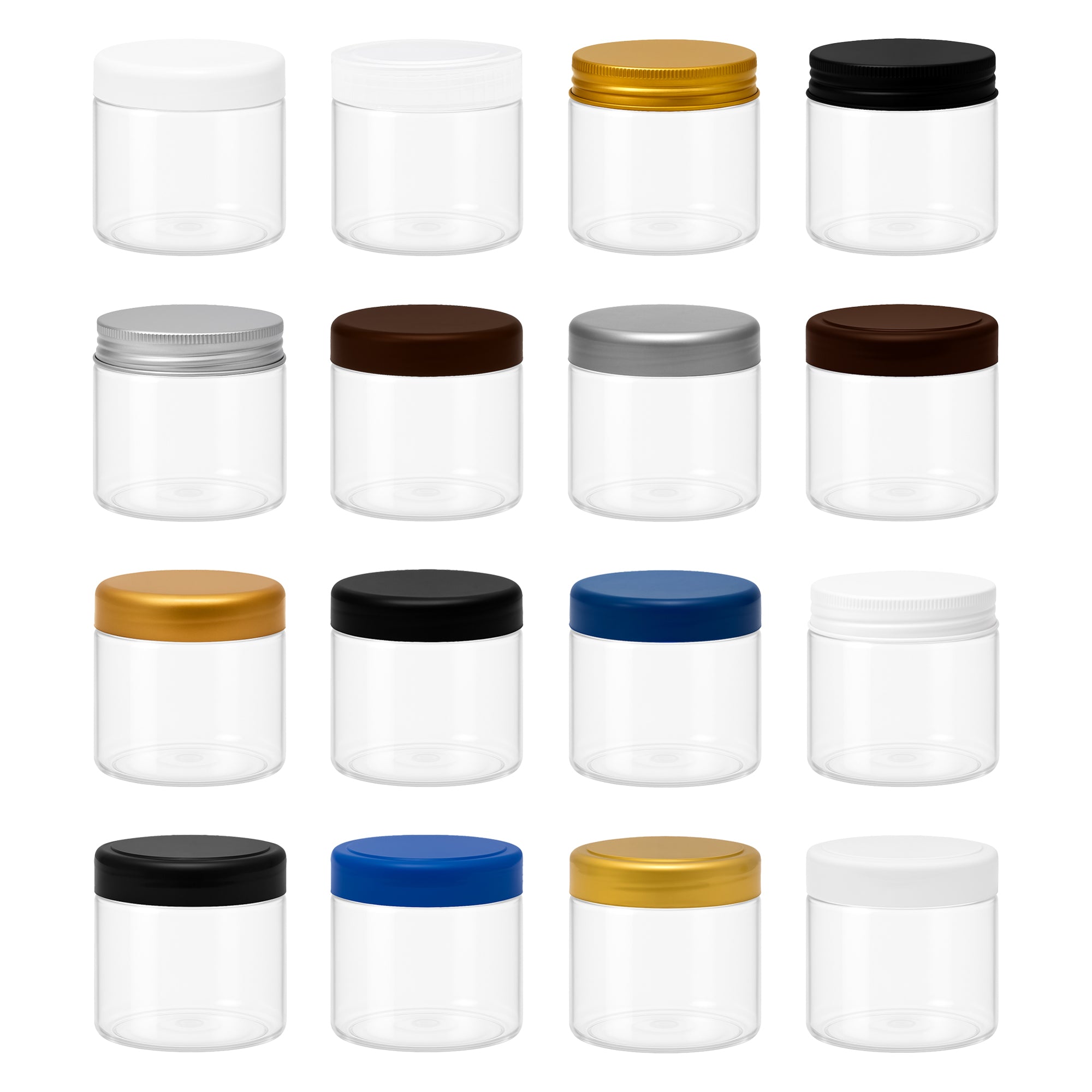 8 قطع برطمان بلاستيك لون ابيض شفاف مقاس 200 ملى - قطر 7 سنتي غطاء الوان مختلفة