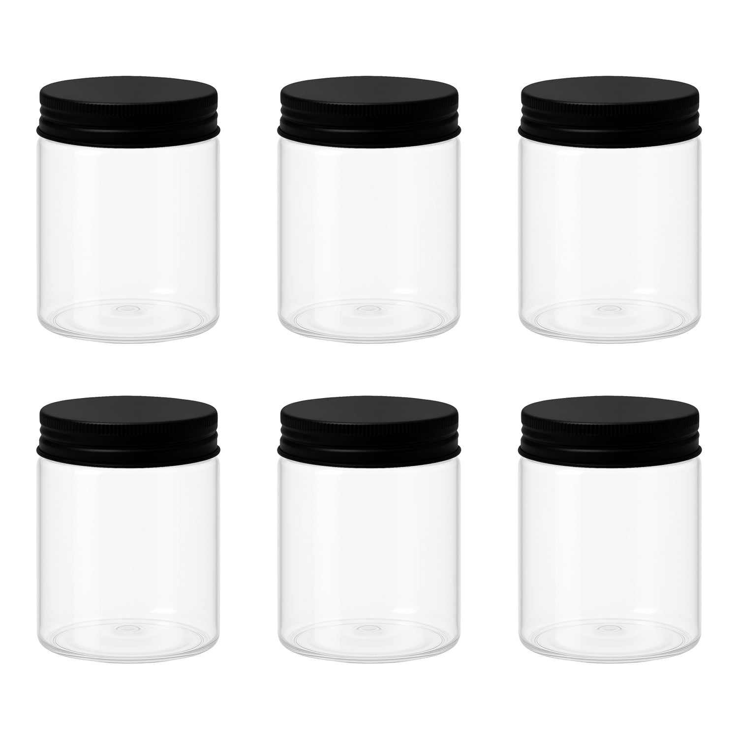 6 قطع برطمان بلاستيك لون ابيض شفاف مقاس 300 ملى - قطر 7 سنتي غطاء الوان مختلفة