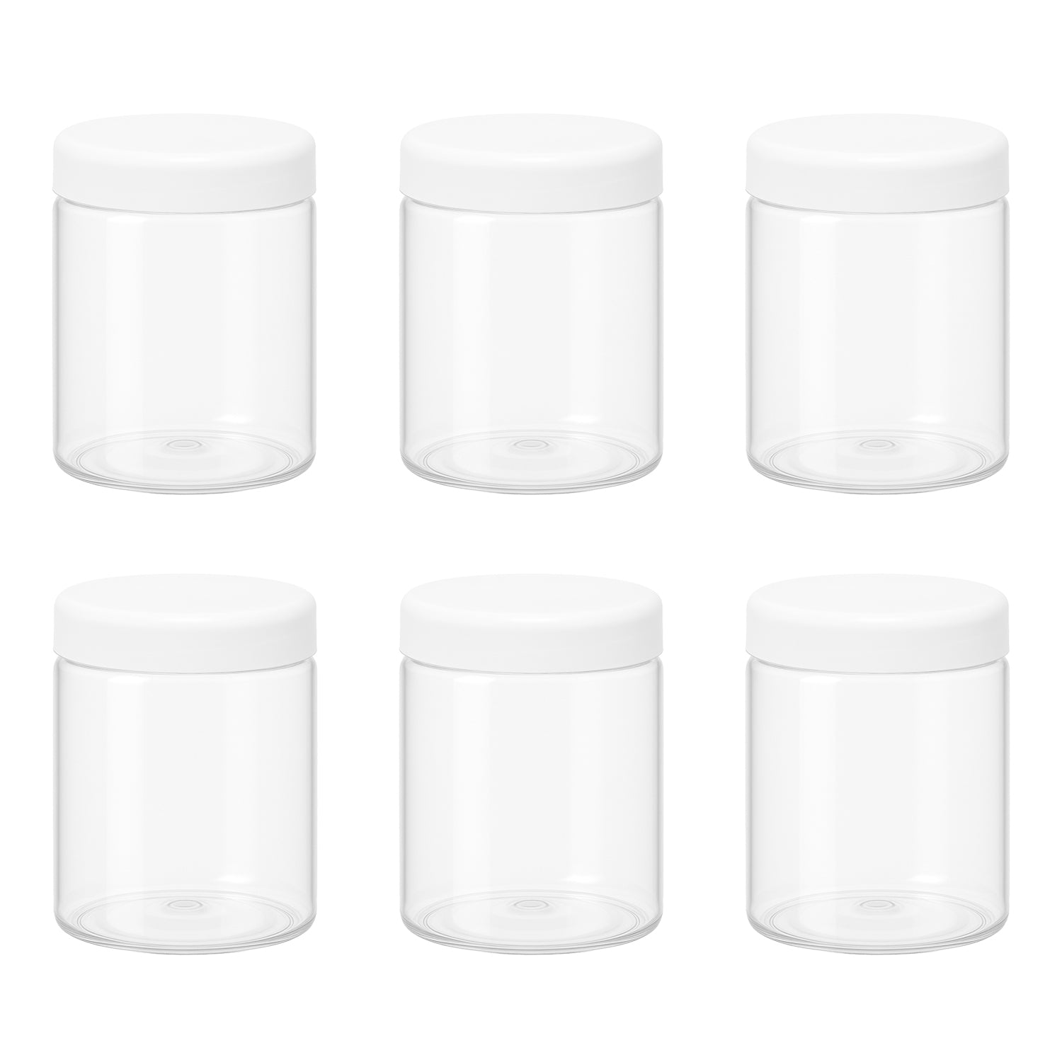 6 قطع برطمان بلاستيك لون ابيض شفاف مقاس 300 ملى - قطر 7 سنتي غطاء الوان مختلفة