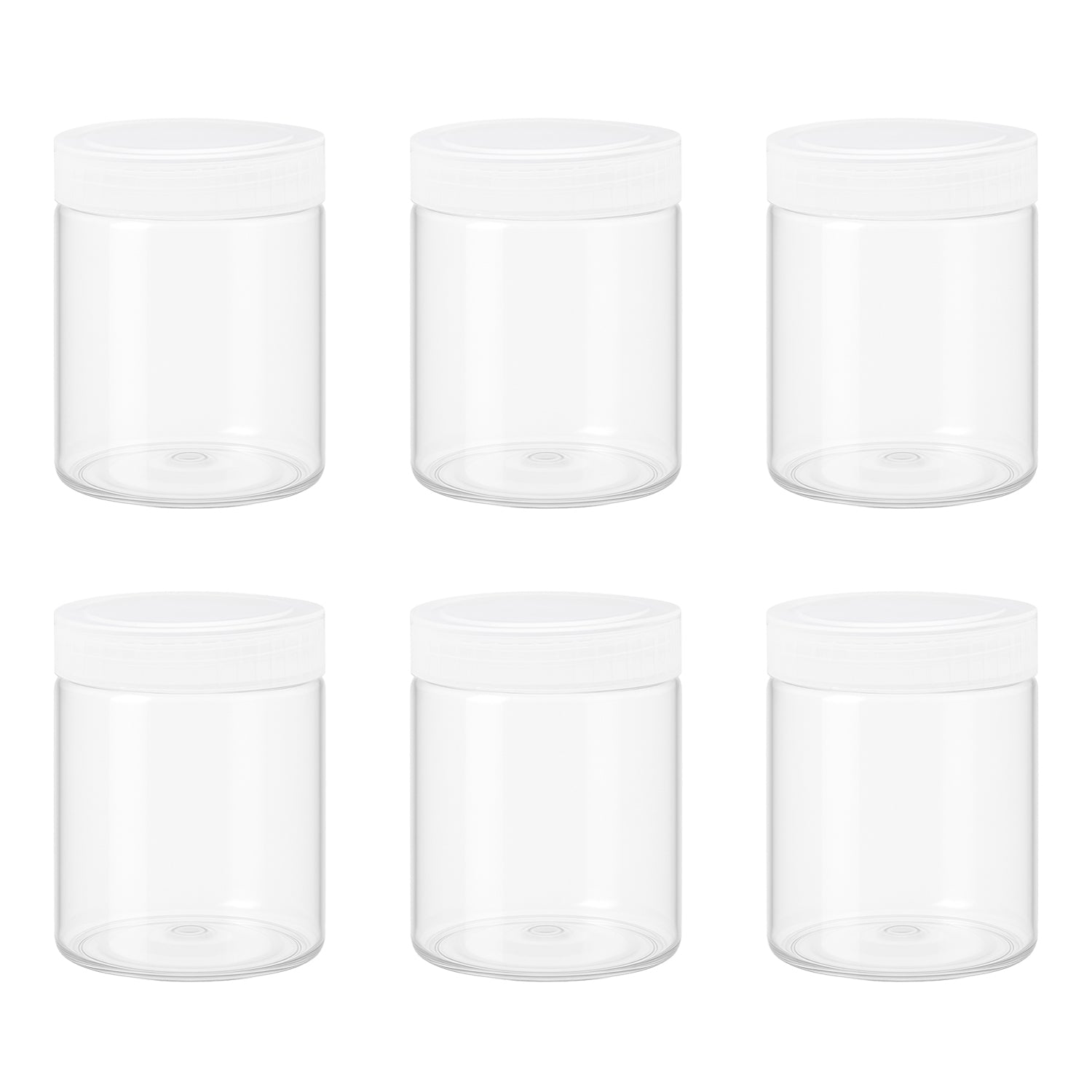 6 قطع برطمان بلاستيك لون ابيض شفاف مقاس 300 ملى - قطر 7 سنتي غطاء الوان مختلفة