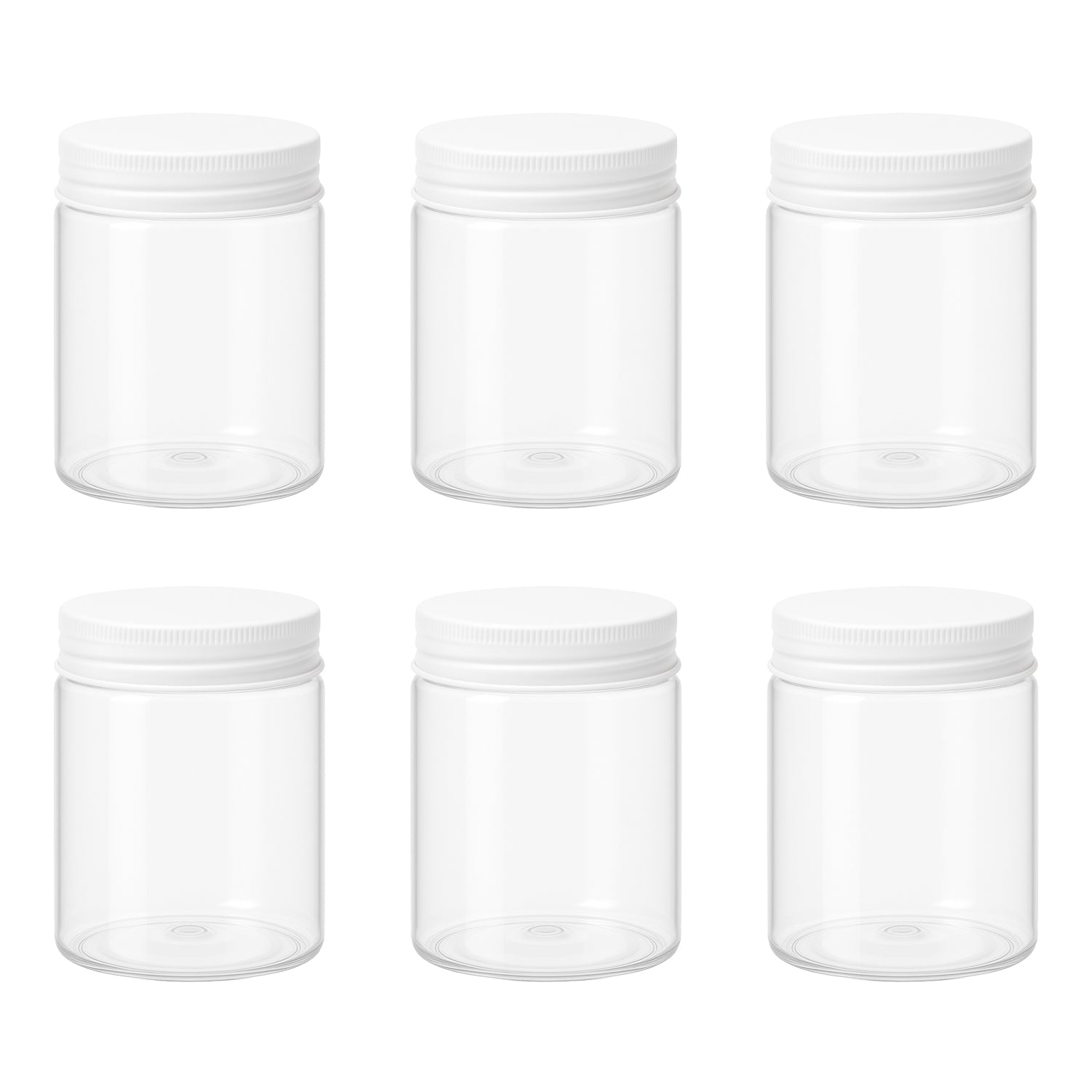 6 قطع برطمان بلاستيك لون ابيض شفاف مقاس 300 ملى - قطر 7 سنتي غطاء الوان مختلفة