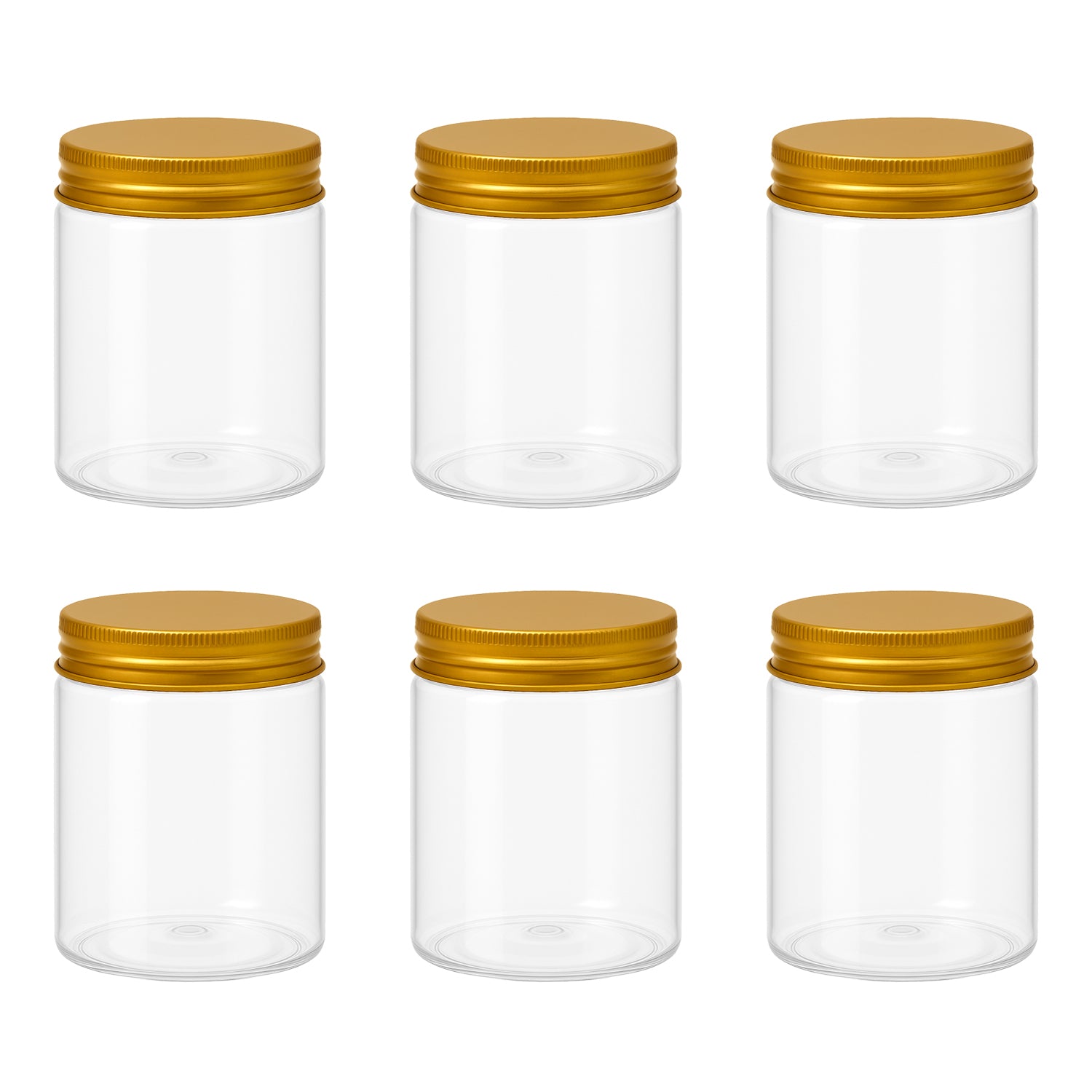 6 قطع برطمان بلاستيك لون ابيض شفاف مقاس 300 ملى - قطر 7 سنتي غطاء الوان مختلفة