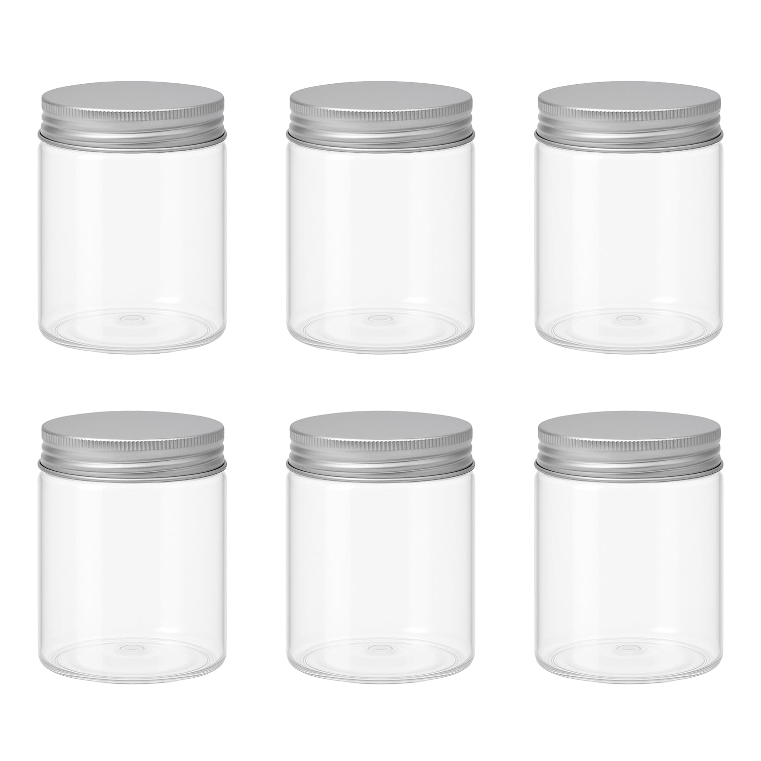 6 قطع برطمان بلاستيك لون ابيض شفاف مقاس 300 ملى - قطر 7 سنتي غطاء الوان مختلفة