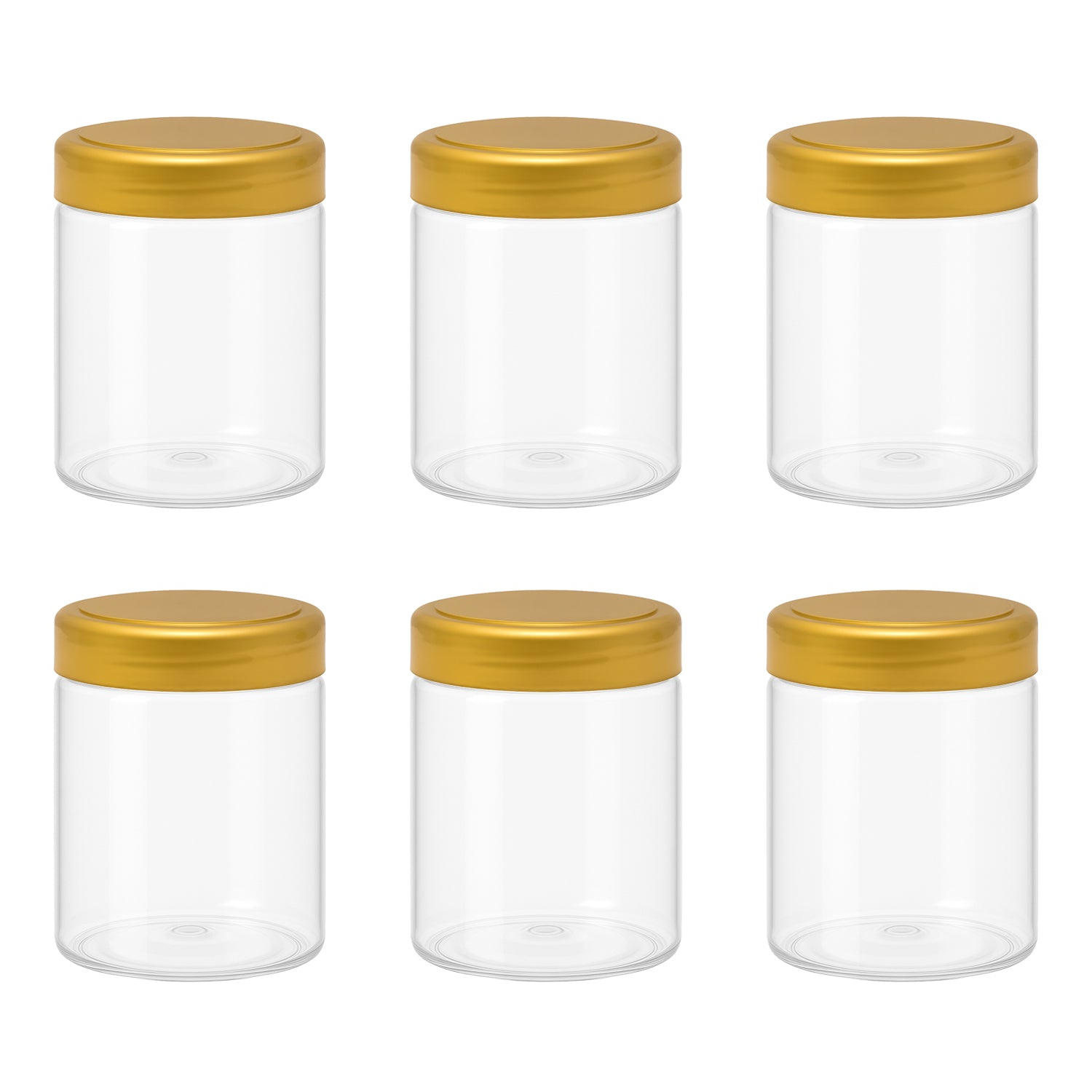 6 قطع برطمان بلاستيك لون ابيض شفاف مقاس 300 ملى - قطر 7 سنتي غطاء الوان مختلفة