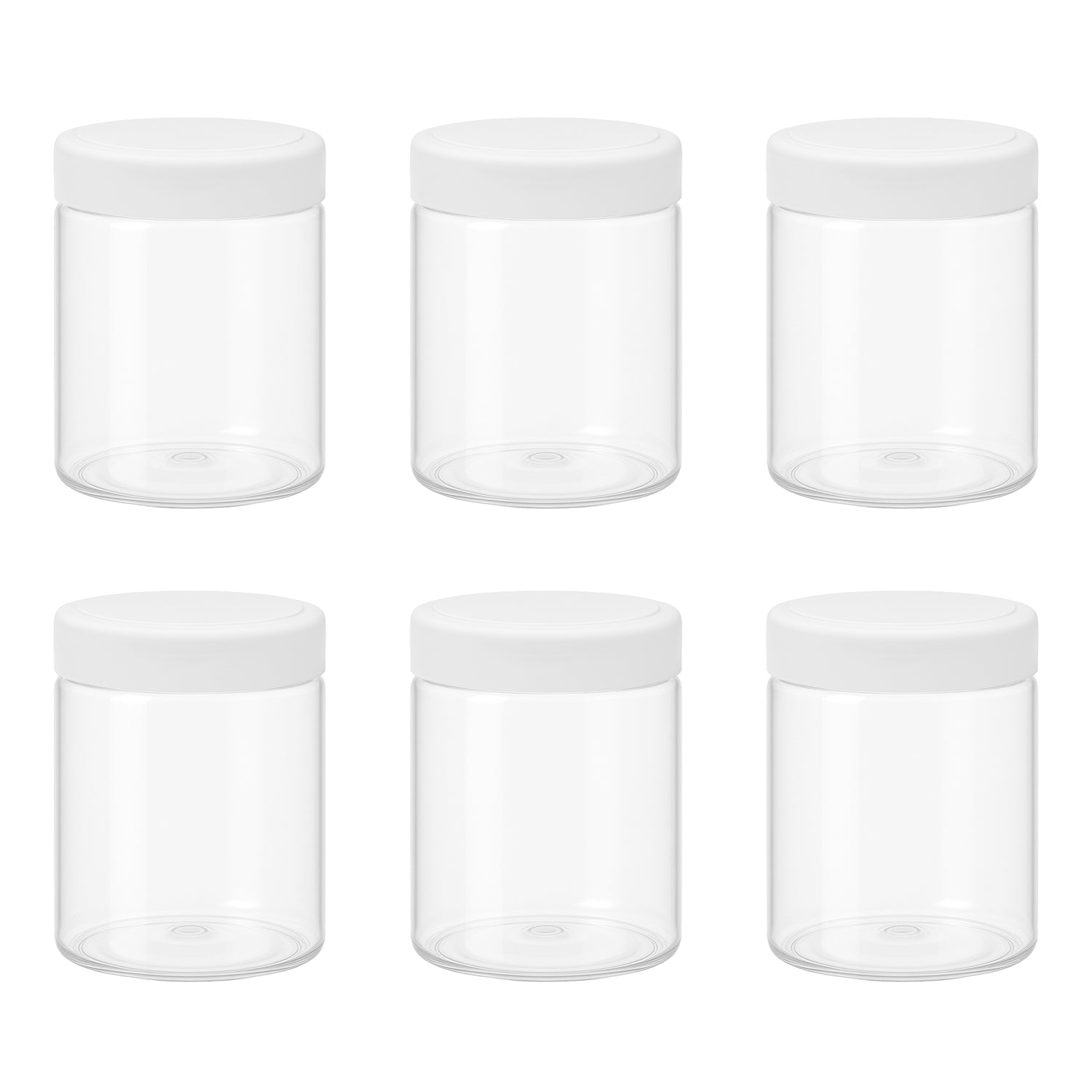 6 قطع برطمان بلاستيك لون ابيض شفاف مقاس 300 ملى - قطر 7 سنتي غطاء الوان مختلفة